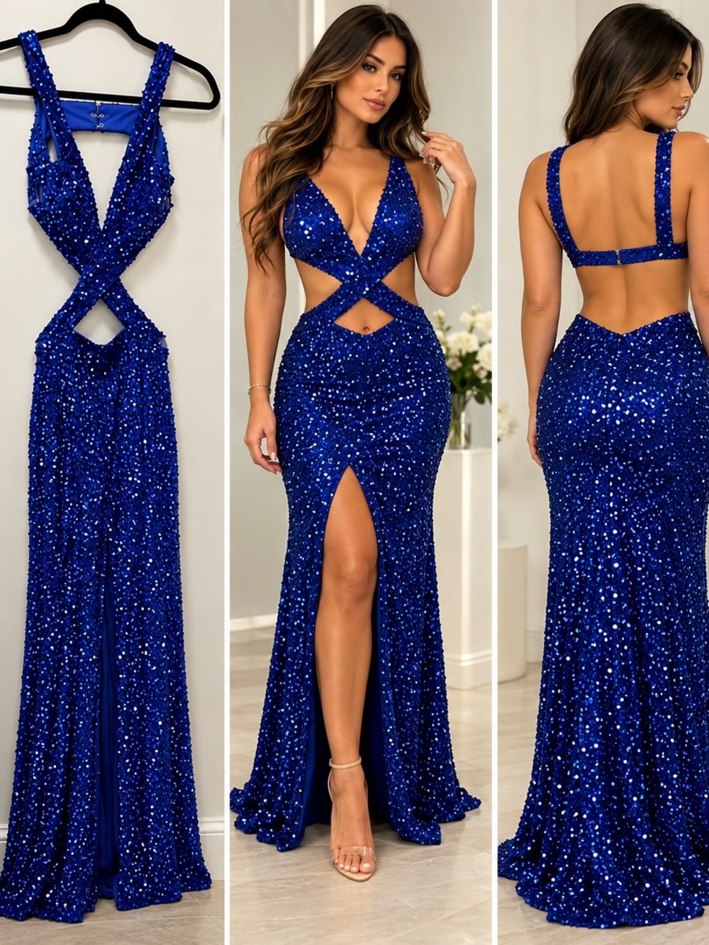 Royal Blue Sequin Crisscross Cutout Gown – Never Worn